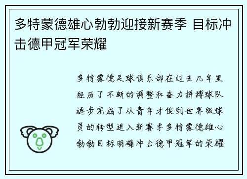 多特蒙德雄心勃勃迎接新赛季 目标冲击德甲冠军荣耀