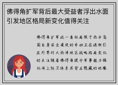 佛得角扩军背后最大受益者浮出水面引发地区格局新变化值得关注